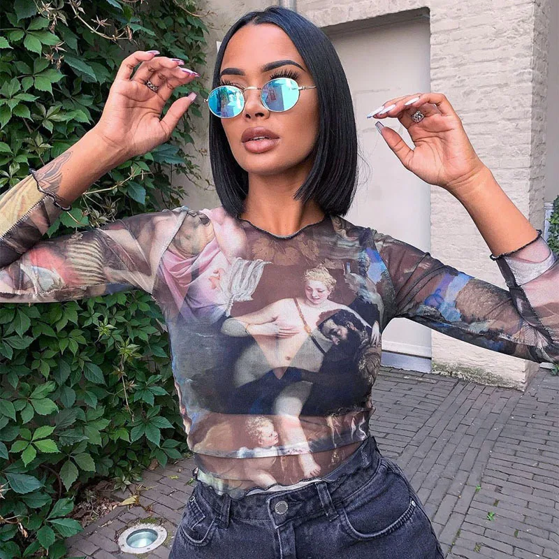 Сексуальная Лоскутная Клубная одежда с длинным рукавом и шнуровкой футболка