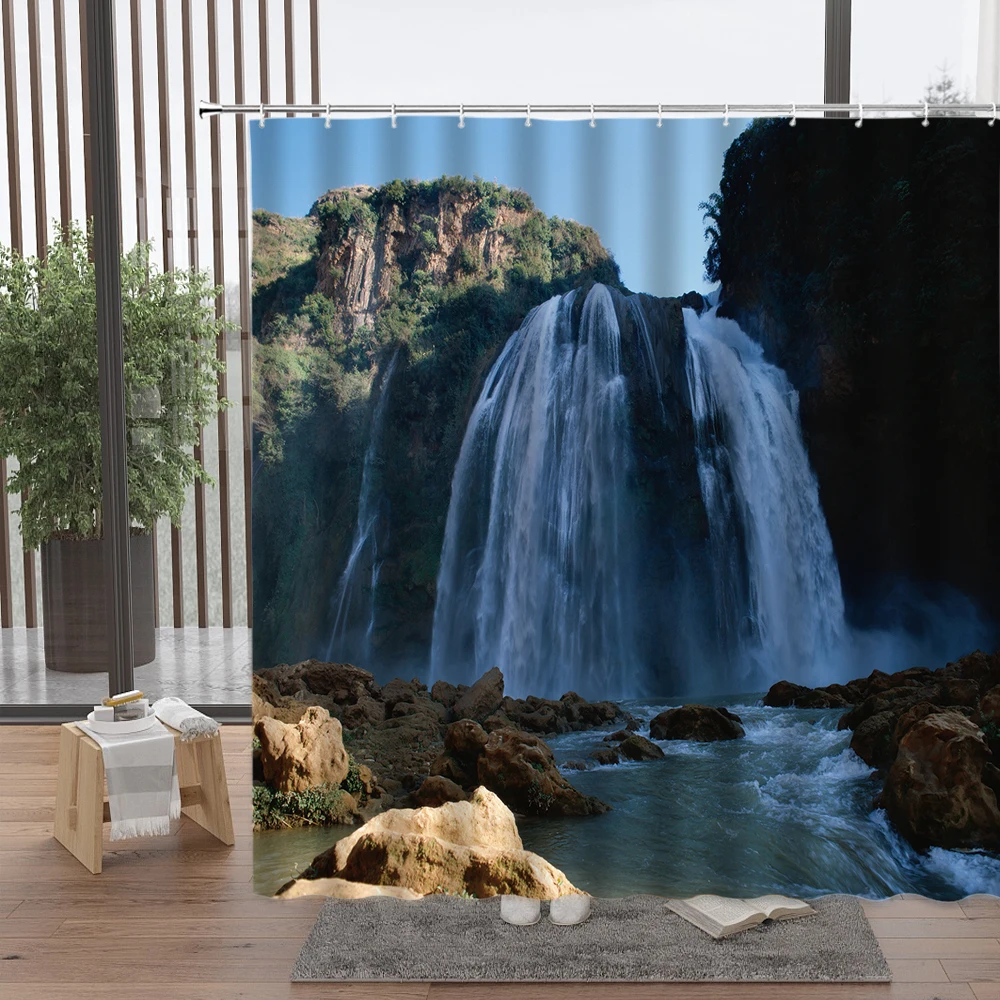 

Waterfall Scenery Shower Curtain Natural Mountain Forest Green Plant Tree Bathroom Waterproof Wall Hanging Home Decor Set