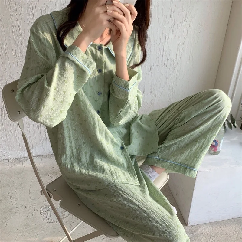 QWEEK Women's Cotton Pajamas Kawaii Doll Collar Heart-shaped Pijamas Solid Color Green Pink Sleepwear Spring Autumn Pyjamas Cute