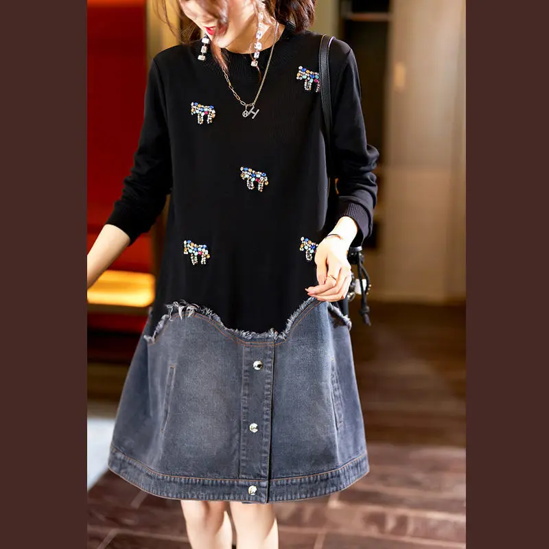 

Simple Fashion Plus Size Women's Loose Denim Stitching Hot Diamond Dress Shows Thin Temperament 2021 Autumn and Winter New