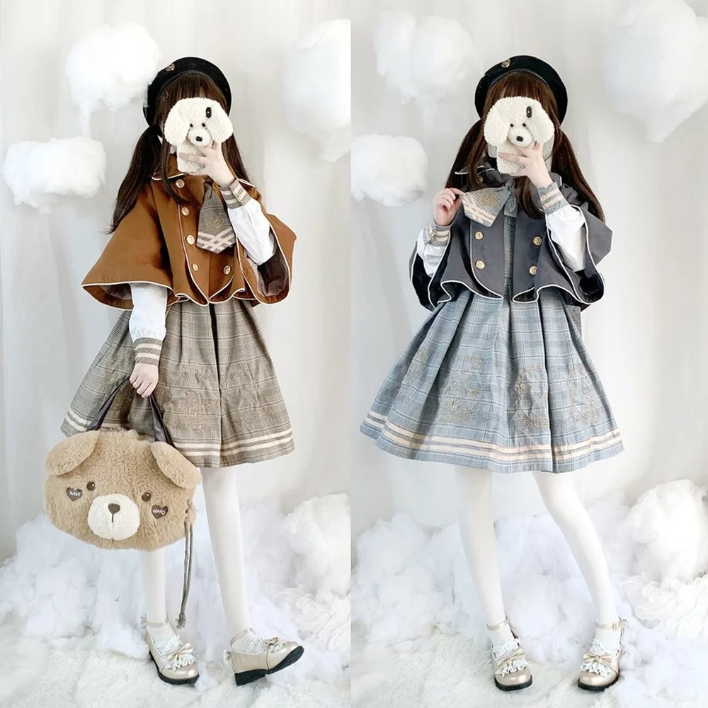 

Cute Preppy Style Dress Woolen Cape Coat Lolita Dress Autumn Winter Japanese Schoolgirls' Clothing Little Bear Detective