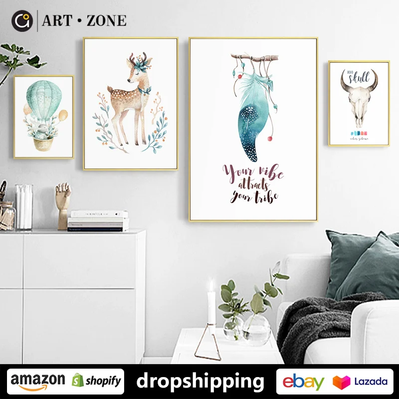 

ART ZONE Nordic Cute Cartoon Deer Fox Animal ink Painting prints Wall Art Canvas posters Artwork Livingroom Home Kid Room Decor