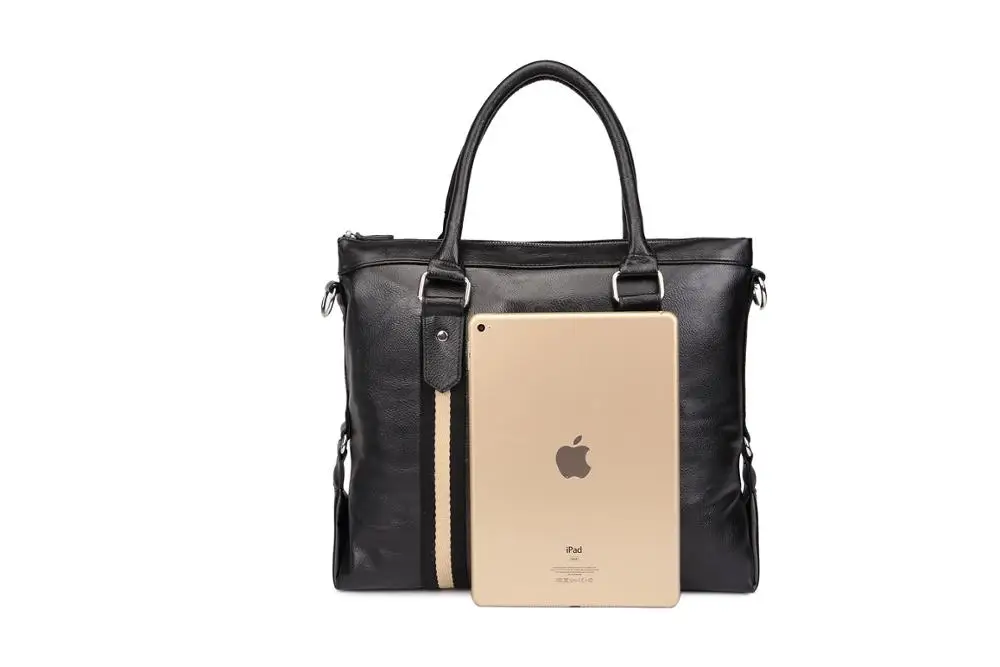 

Men's Business office Computer Laptop Briefcase Brand PU Leather Handbag Solid striped Shoulder Bags women Vintage Tote Black