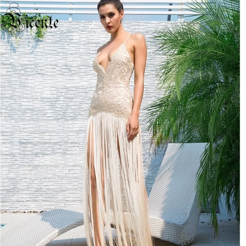 Женское Бандажное платье с вышивкой бахромой и глубоким v образным вырезом без