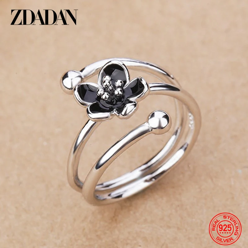 

ZDADAN 925 Sterling Silver Black Flower Adjustable Rings For Women Fashion Charm Gift Wedding Jewelry