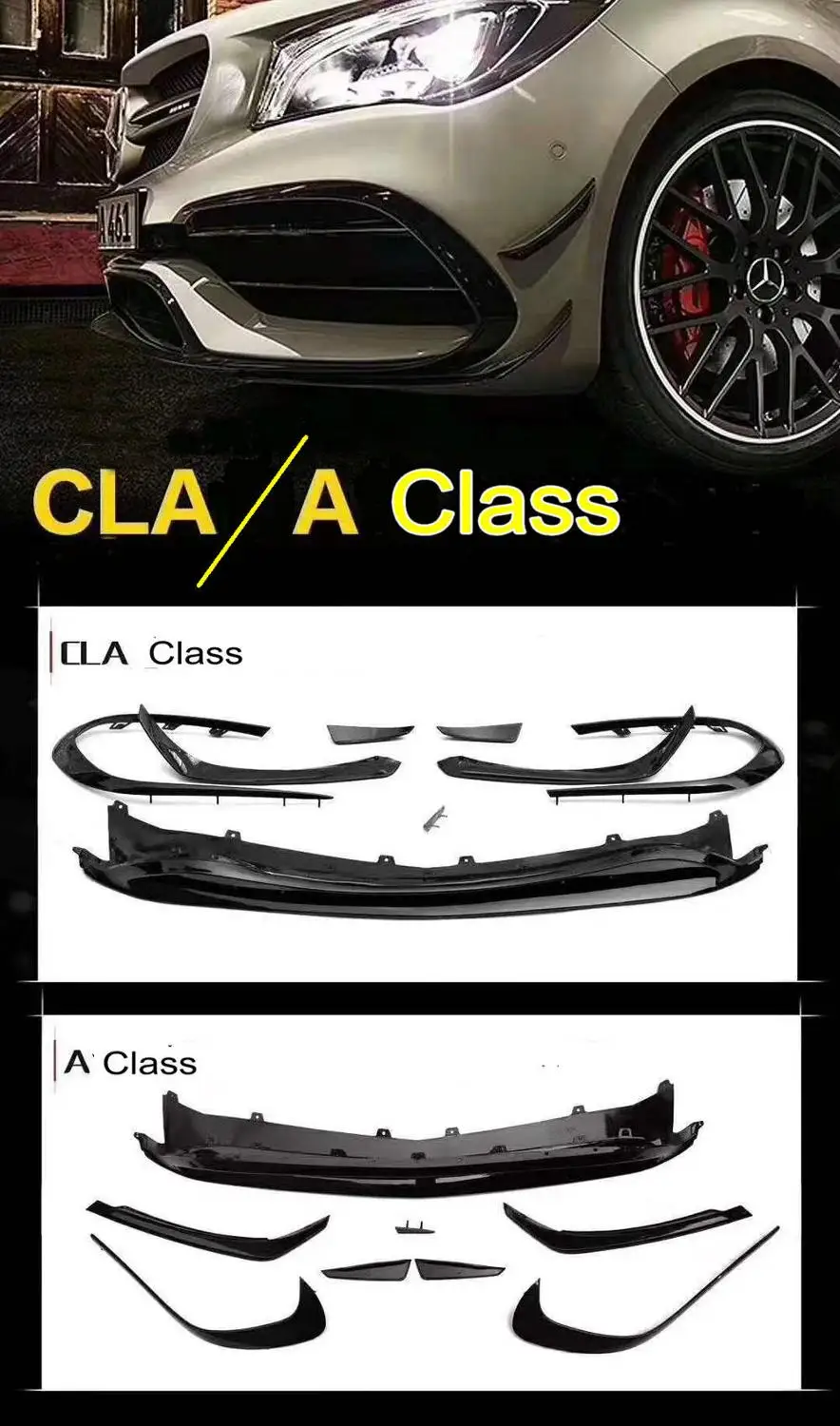 ABS/углеродного волокна AMG передний спойлер для губ + воздушные ножи крыло Benz A/CLA