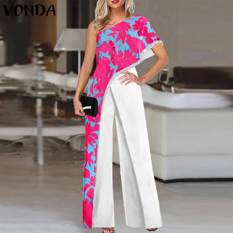 

VONDA Women Printed One Shoulder Long Jumpsuits 2022 Wide Leg Overalls Loose Pantalon Femme Autumn Long Rompers Dungaree