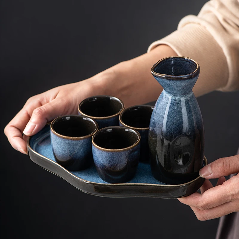 

Wine Ceramic Sake Set Japanese Style Cup Navy Blue Retro Sake Set High Quality With Warmer Copas De Vino Kitchenware EI50BW