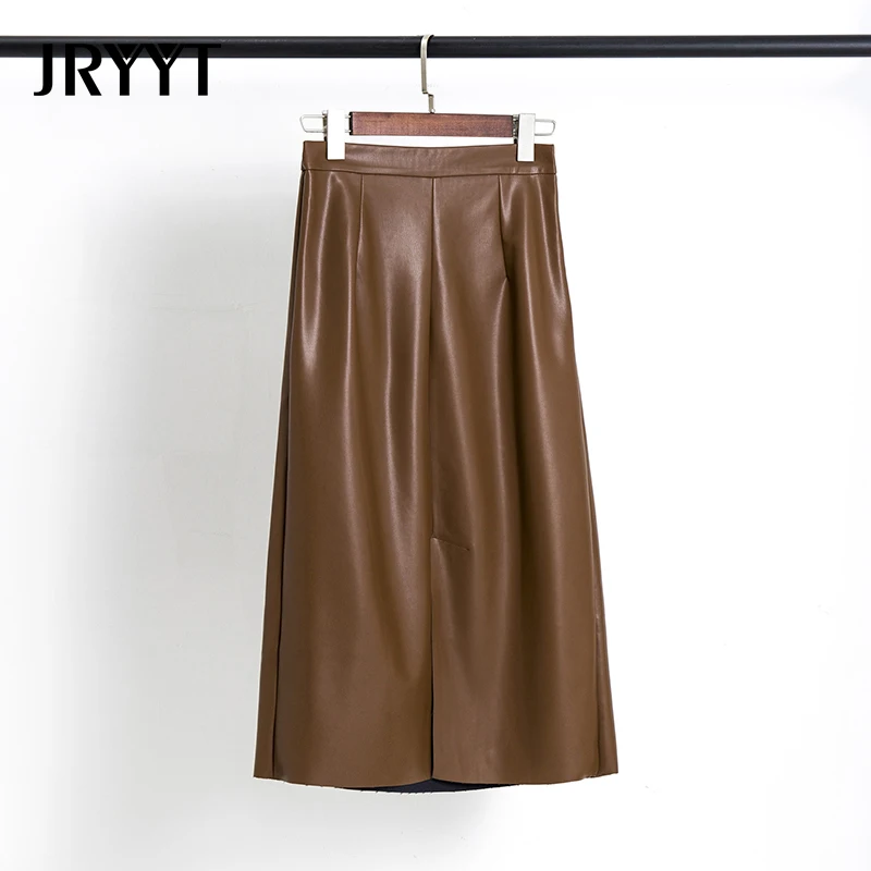 Женская плиссированная юбка JRYYT Офисная прямая из искусственной кожи до середины