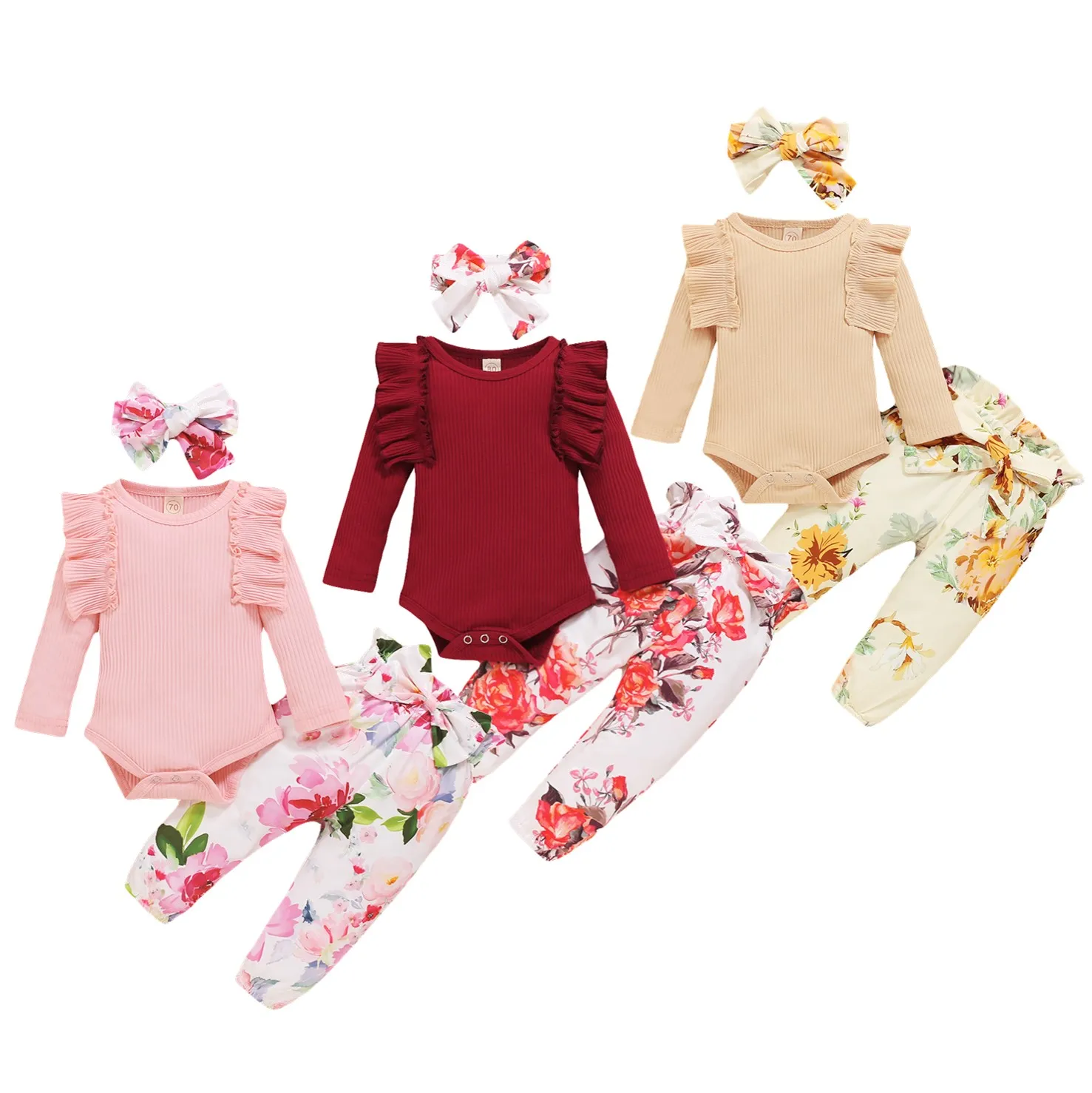 

Newborn Baby Girls Autumn 3Pcs Set Solid Color Ruffled Long Sleeve Bodysuit+Floral Print Bow Long Pants+Headband