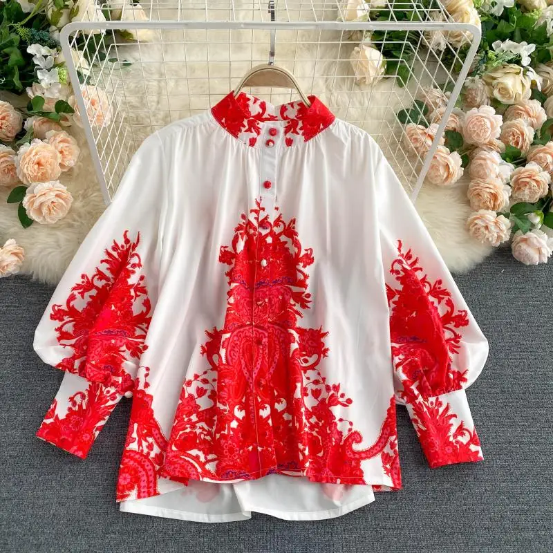 DEAT 2021 Autumn Women New Style Stand Collar Puff Long Sleeve Print Pattern Shirt Wide Leg Shorts Vintage Two Pice Set RD548 |