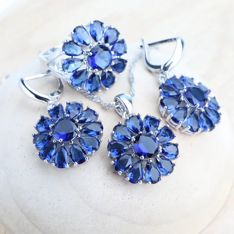 Свадебный набор ювелирных изделий из серебра 925 с синим цирконом