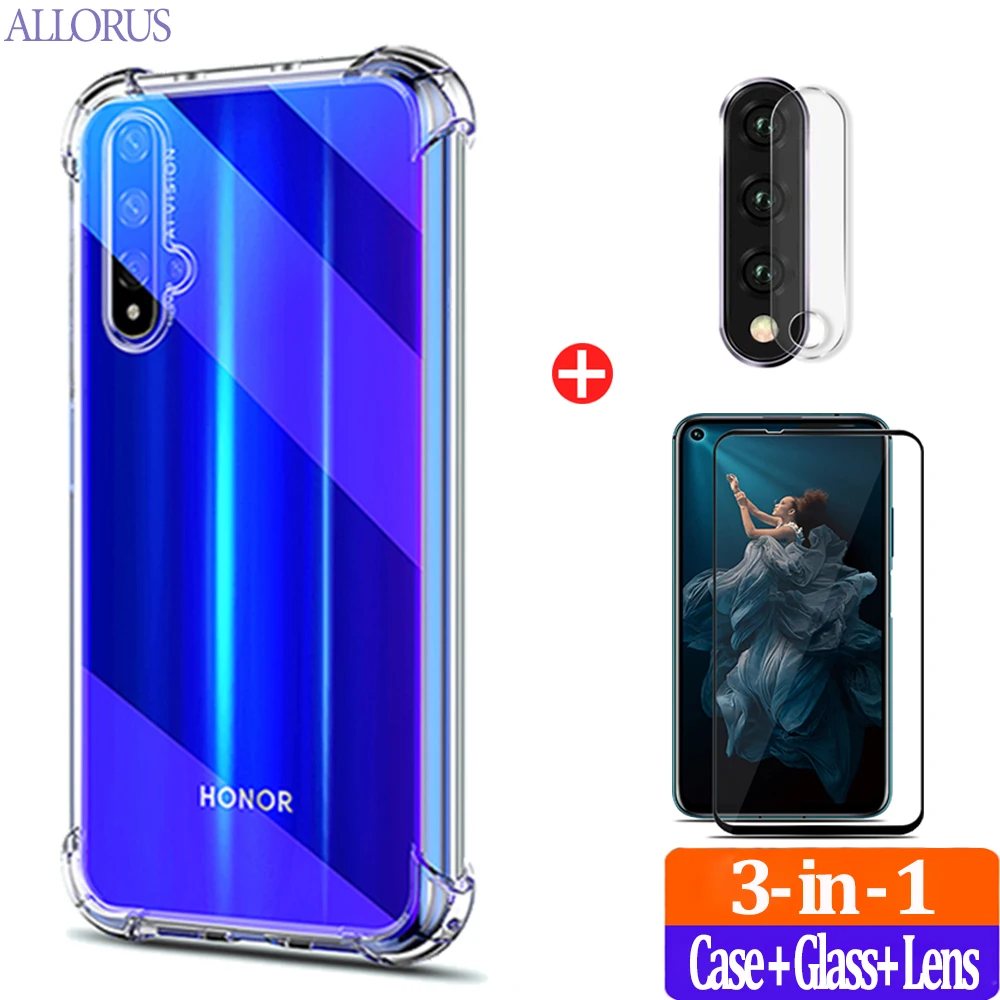 Прозрачный чехол для Honor 20 Pro бампер чехол+стекло+камера мягкий силиконовый чехлы