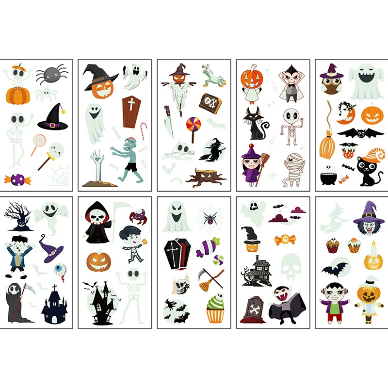 

10 листов, вечерние Светящиеся Татуировки на Хэллоуин, поддельные татуировки, светящиеся наклейки на татуировку ведьмы