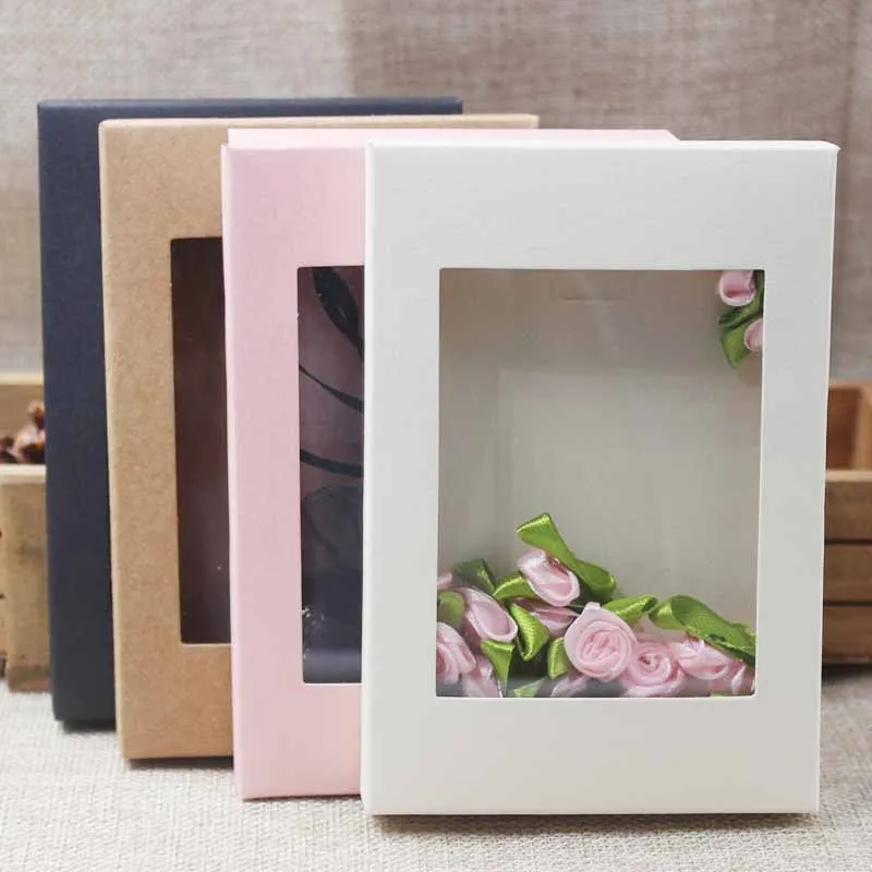 

10pcs/set Gift Packaging Boxes Multi Color Paper Gift Package&Display Box with Clear PVC Window Wedding Candy Boxes Kraft Paper