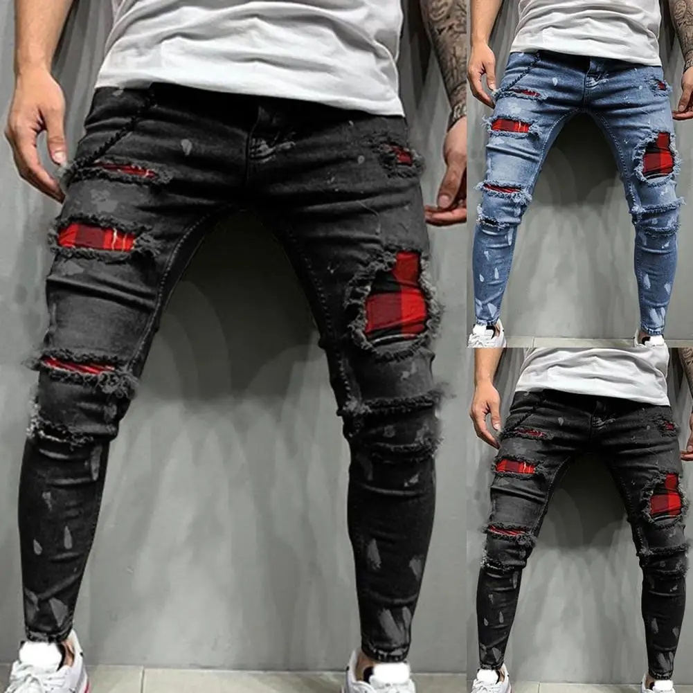 

Multi Pockets Zipper Closure Men Jeans Breathable Skinny Ripped Holes Denim Mid Waist Stretchy Tassel Skinny Jeans Streetwear