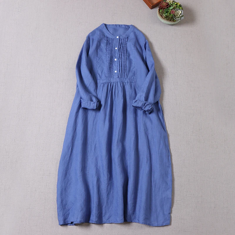 

Early Autumn New Blue Linen Dress Women Stand Collar Folds Long Sleeve Casual Midi Dress