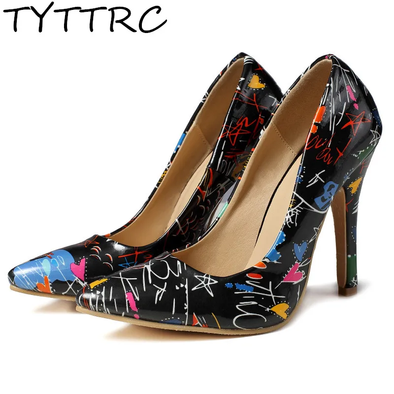 

New Graffiti Colorful Pumps Special Women Pumps Mixed Color Pointed Toe Slip-On Sexy Wedding Shoes Shallow Party Club Thin Heels