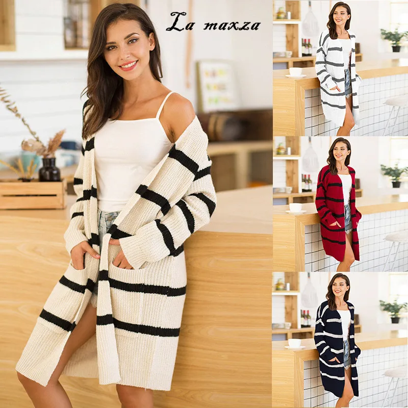

2020 зимний Повседневный вязаный женский полосатый кардиган размера плюс с рукавами-фонариками Свободный Длинный свитер