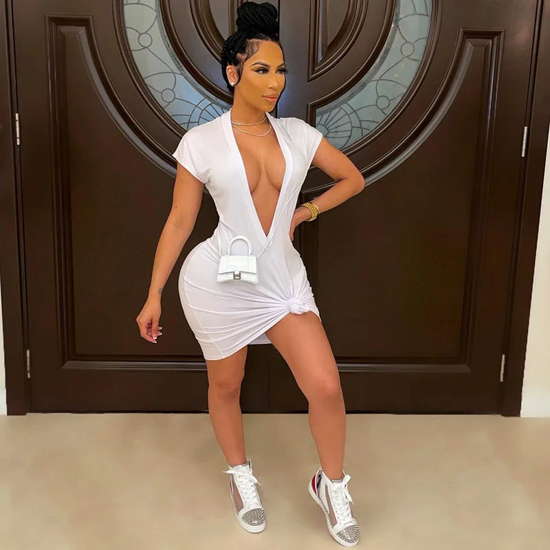

Sexy Deep V-Neck Bodycon Mini Dress Women Hipster Sexy Solid Sheath Short Sleeve Dress Night Club Fashion Casual Summer Clothing
