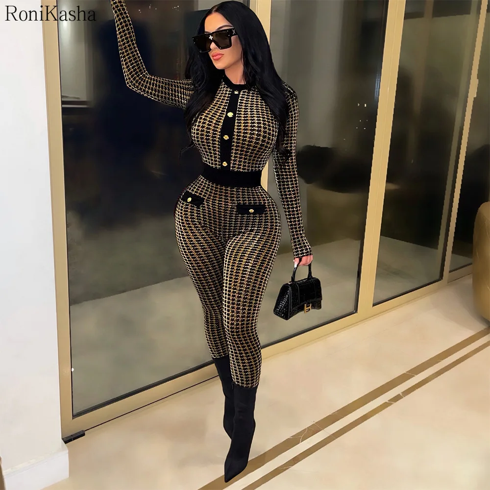 

Комбинезон Ronikasha Женский, боди с длинным рукавом, однобортная элегантная дамская юбка «гусиные лапки», цельная модная одежда