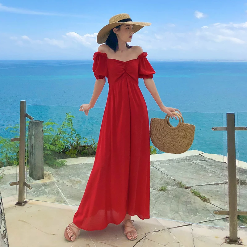 

Maxi Vintage Women High-waisted Red Dress Summer Elegant Party Night Vacation Long Dress Retro Runway 2020 Beach Dresses Korean