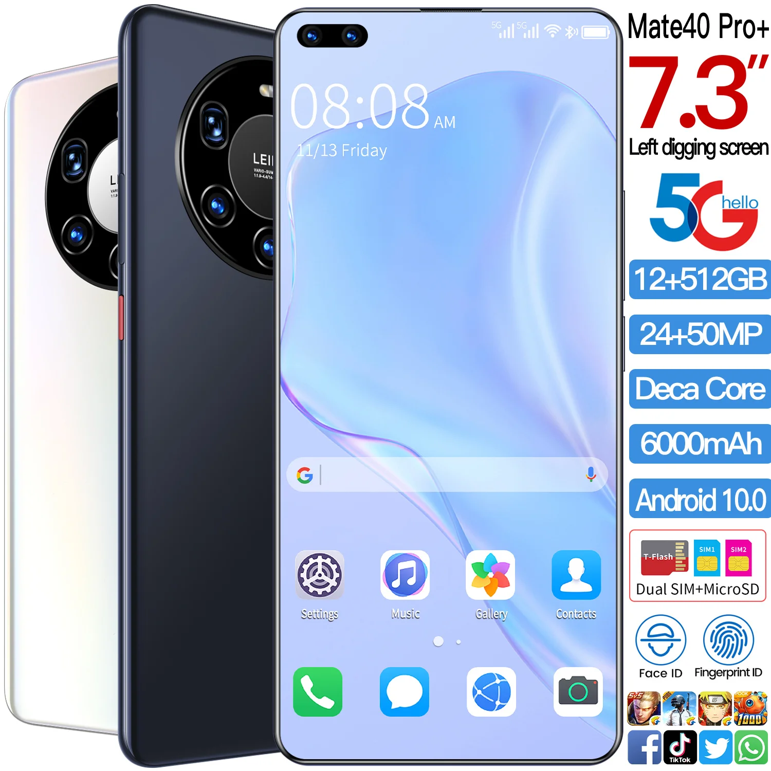

Mobile Smartphone Best Selling Mate 40 Pro+ 5G 7.3 Inch Android 10.0 12GB 512GB 6000mAh 10 Core Global Version Cellphone Phone