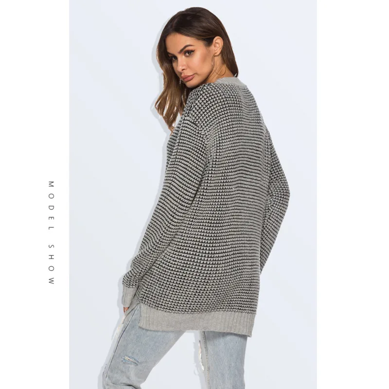 

Autumn And Winter Sweater Women Casual Elegant V-neck Sweater Coat Pocket Spliced Stripe Knitted Bottomed Loose Cardigan