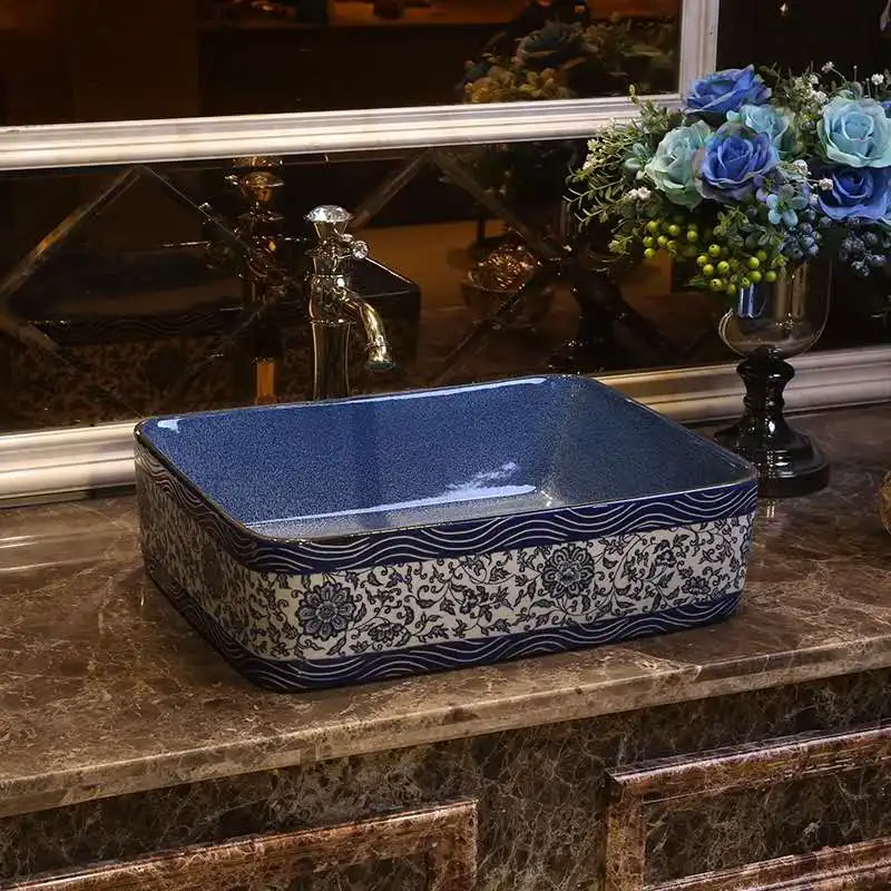Сине-белая фарфоровая художественная раковина прямоугольная керамическая для