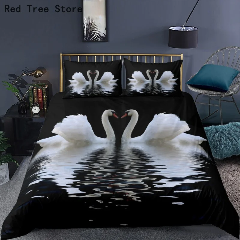 

White Swan Luxury Black Duvet Cover 3D Comforter Bedding Set Bird Crane Printed Quilt Covers Microfiber Kids Adult Bedclothes