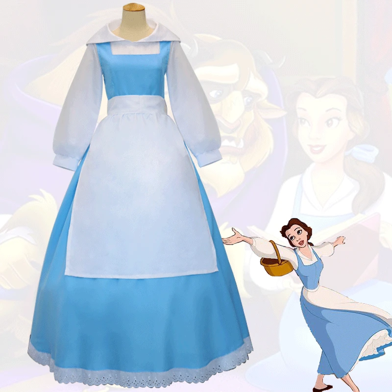 Женский костюм горничной красавицы и чудовище голубое платье + фартук головной
