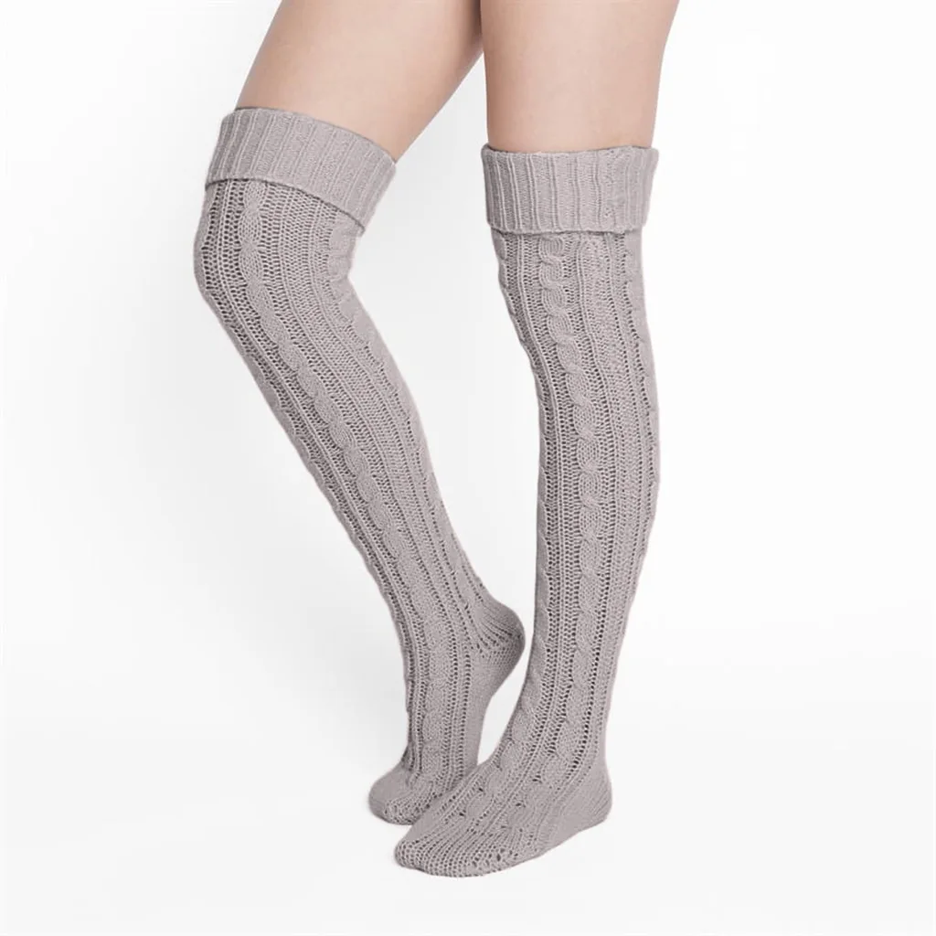 

75CM Warm Knee High Pile Stockings Long Tube Knitted Wool Warmer Stretchy Winter Solid Long Stockings Pink/Grey