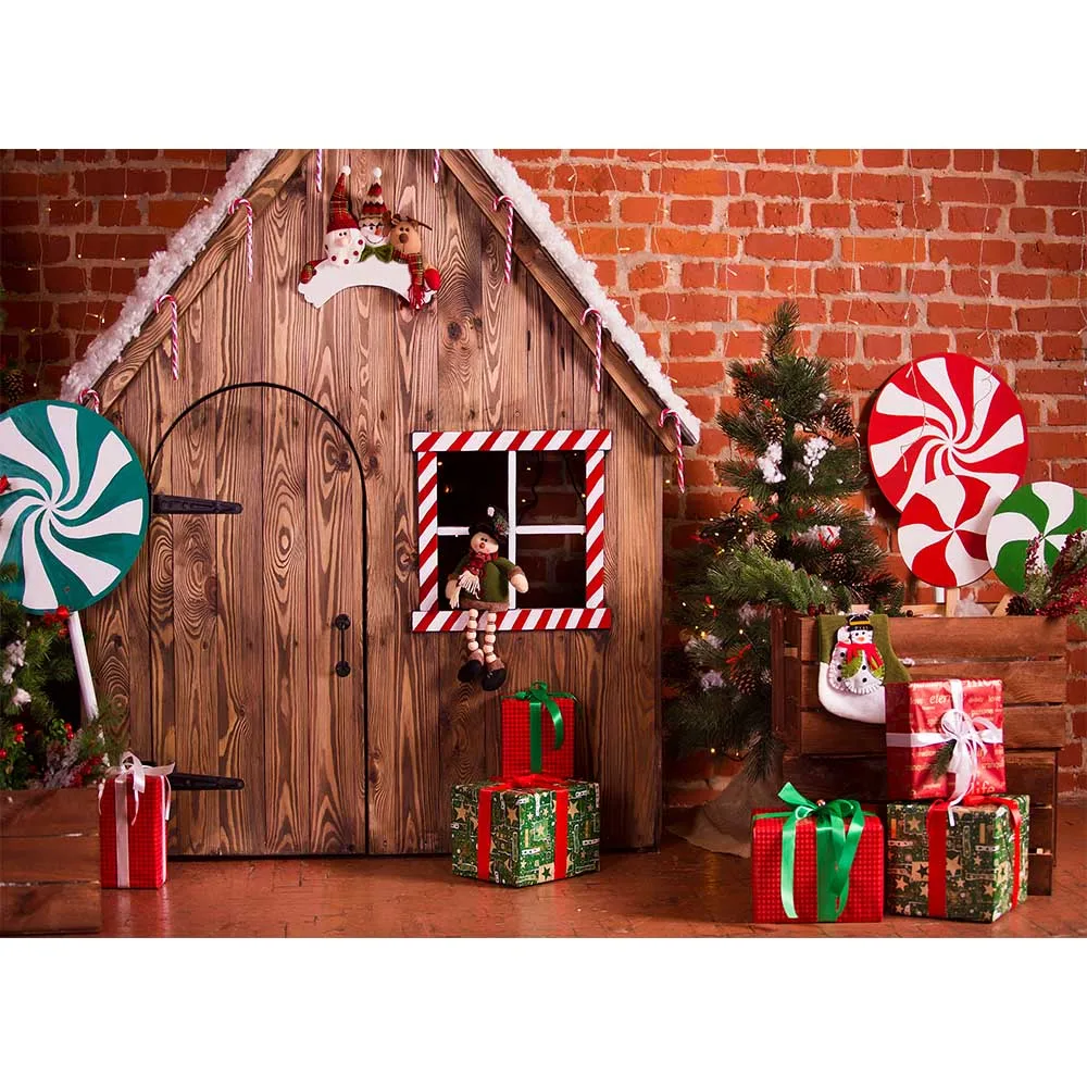 Allenjoy background for photography wooden house brick wall candy bar child Christmas backdrop photocall photobooth photozone |