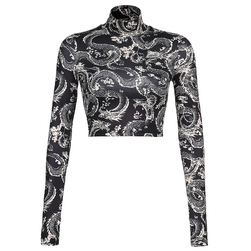 

GothGotik Dragon Print Long Sleeve T-Shirt For Woman Sexy Gothic Style High-Necked Short Tops Skinny Spring Summer