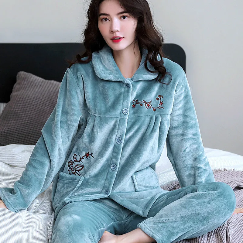 

H5783 Thickened Flannel Pajamas Suit Women Middle-aged and Old-aged Homewear Mama Mother Long Sleeve Autumn Winter Nightwear