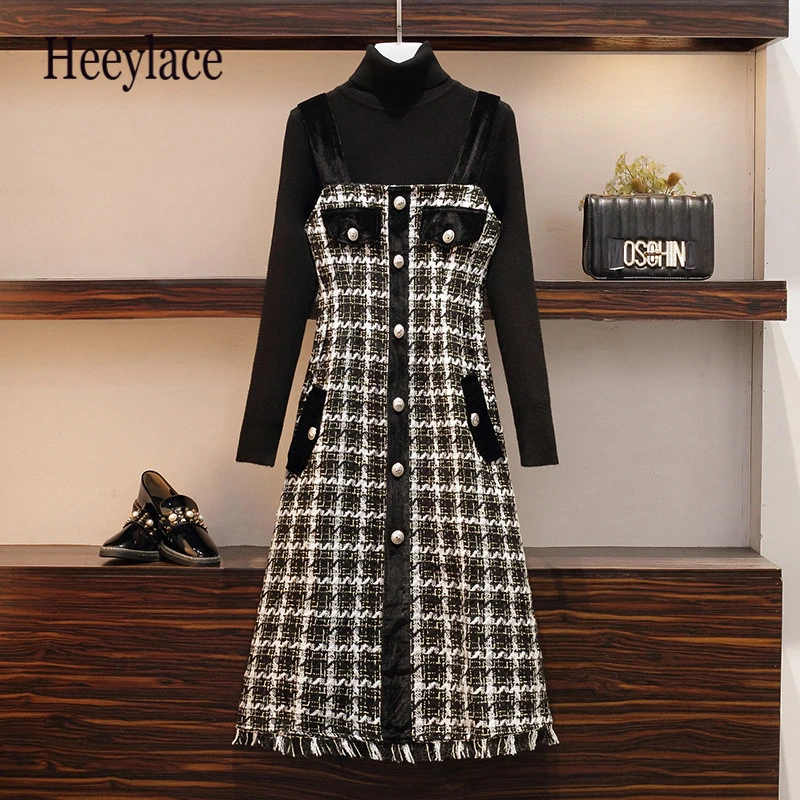 Свитер и твидовое платье-спагетти размера плюс на осень зиму Женский пуловер с