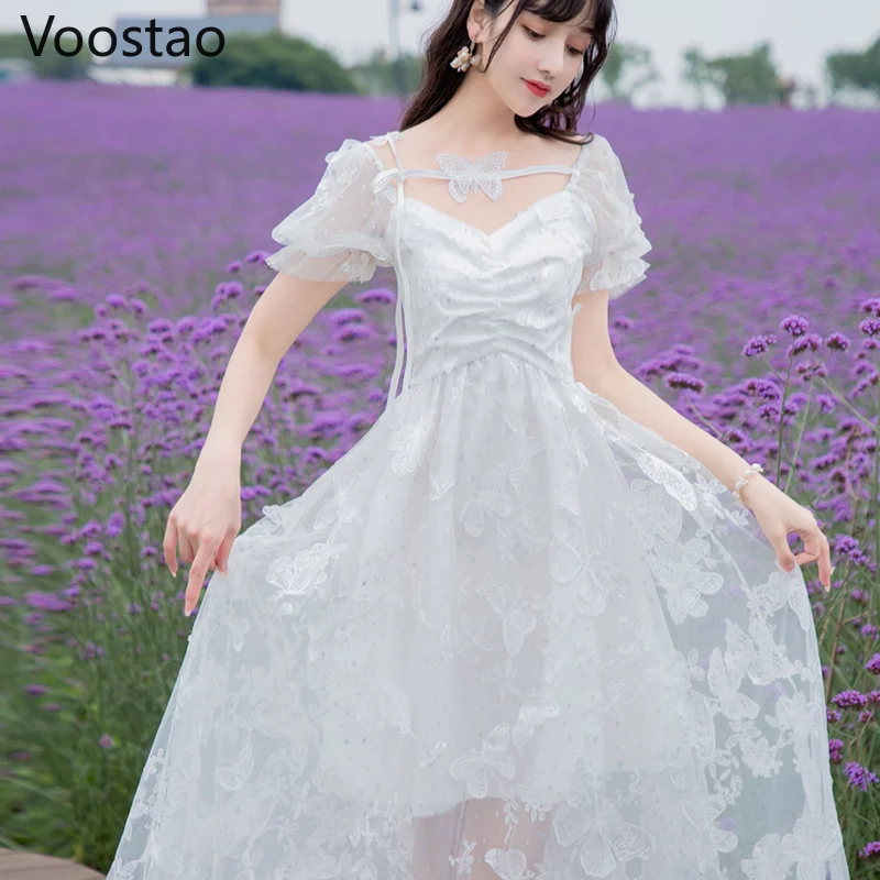 

Sweet Lolita Princess White Long Dress Elegant Women Summer Butterfly Lace Mesh Puff Sleeve Party Dresses Girl Glitter Vestidos