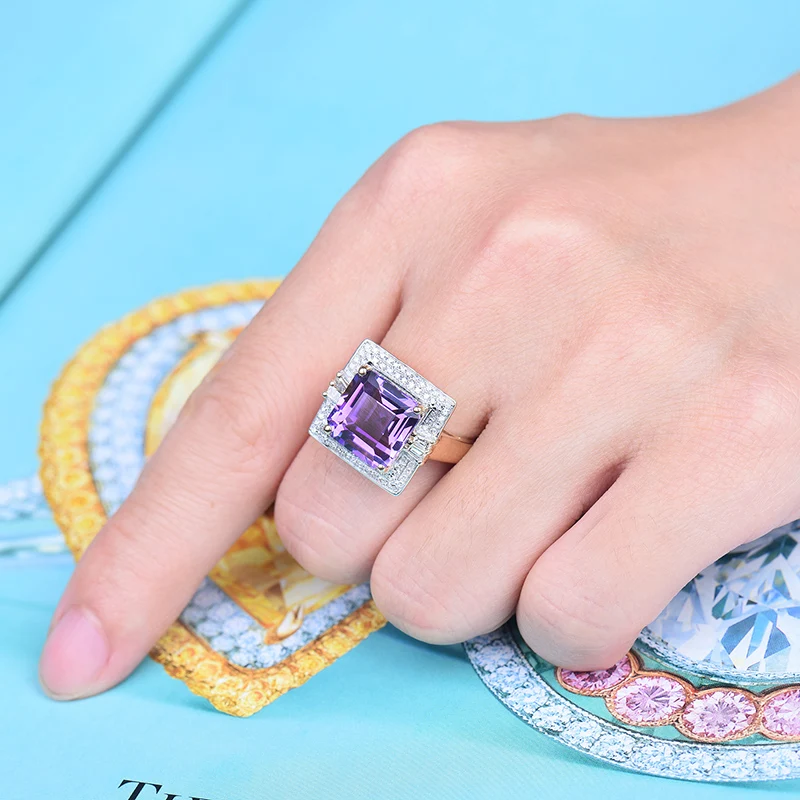 LOVERJEWELRY Принцесса Cut Твердые 14 К золото 6.10Ct Алмаз Фиолетовый аметист обручальные кольца для женщин Рождественский подарок ювелирные изделия