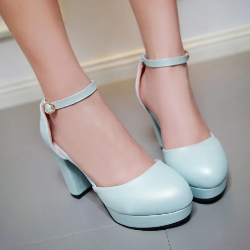 

Fanyuan new 2021 spring summer shoes platform shoes high heels square heel with buckle sweet pumps women shoes Size 32-43