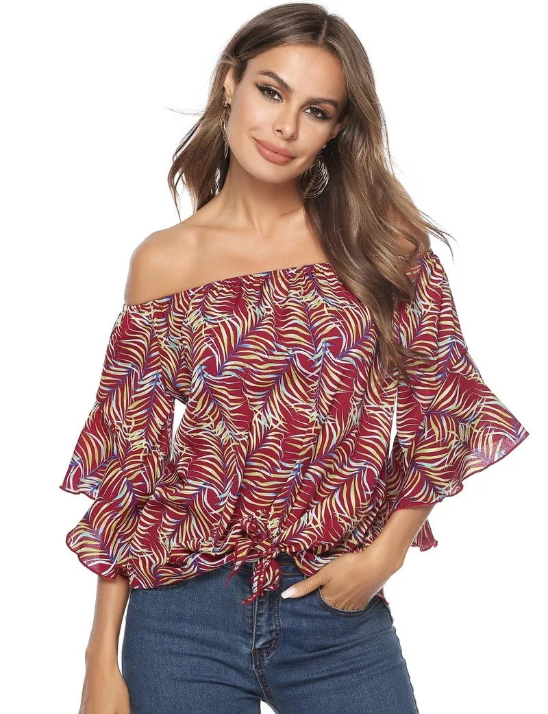 

Fashion Word Collar Print Blouse Shirt Plus Size 2XL Summer Women Blouse Half Butterfly Sleeve Casual Sexy Off Shoulder Clothing