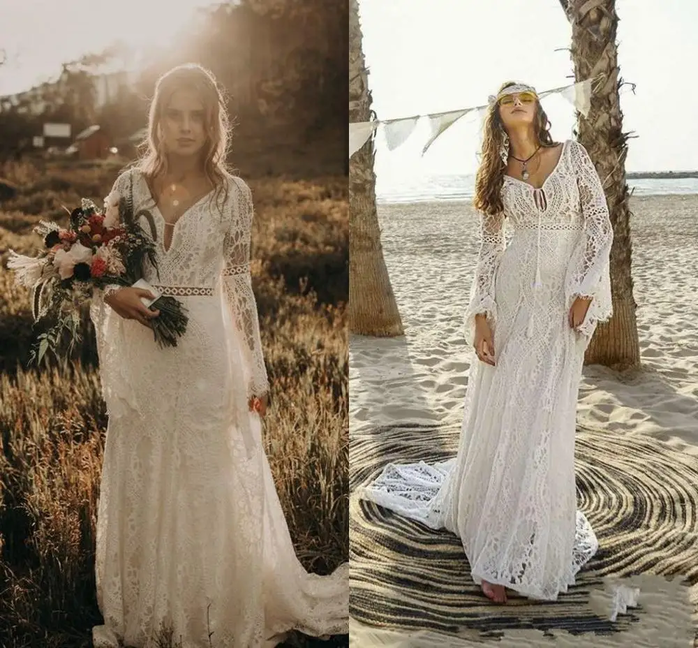 

Vintage Crochet Lace Wedding Dresses with Long Sleeve 2021 V-neck Mermaid Hippie Western Country Cowgirl Bohemian Bride Gowns