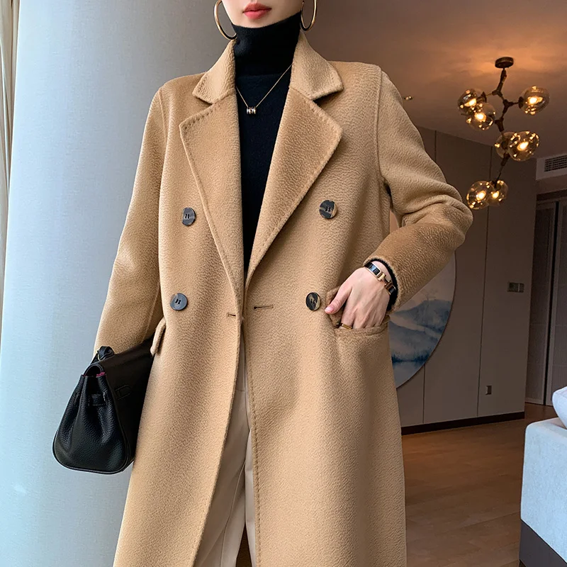 Верхний кашемировый пальто женское двубортное на водяном ряби 100% чистое средней длины.