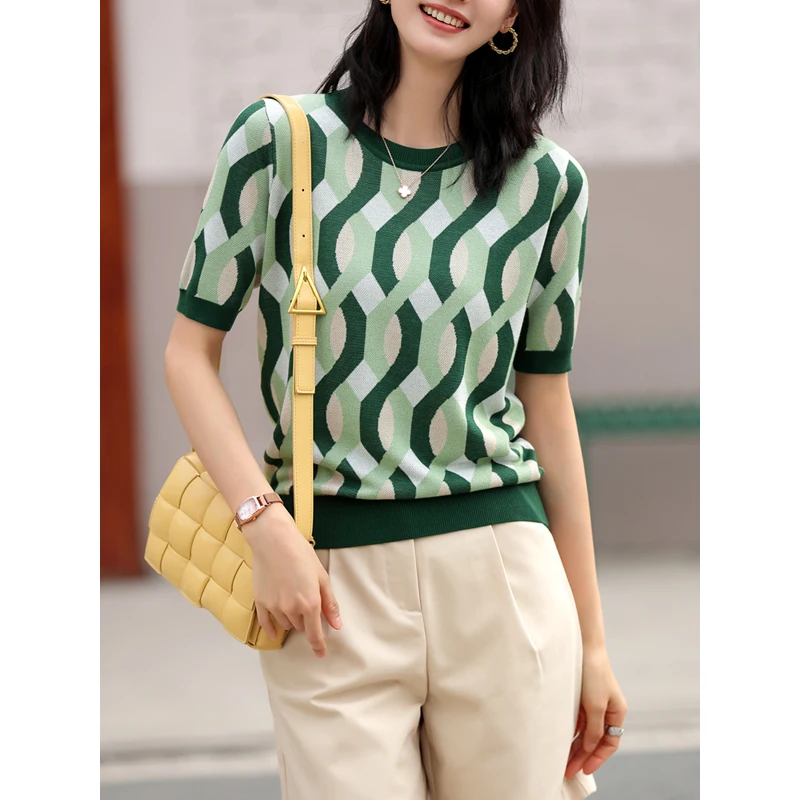 

Fashion Design Short Sleeve Women's T-shirt Casual Retro Striped Knitted Tops Women Watermelon Thread Knit Tops Tee Shirt
