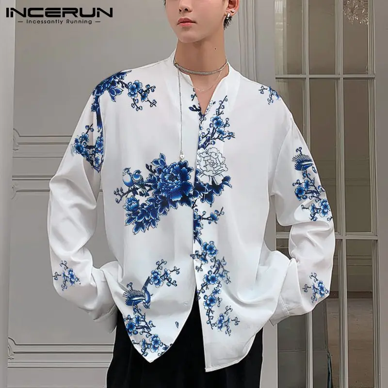 

Рубашка INCERUN мужская с V-образным вырезом и длинным рукавом, уличная одежда с винтажным цветочным принтом на пуговицах, Повседневная Свободн...
