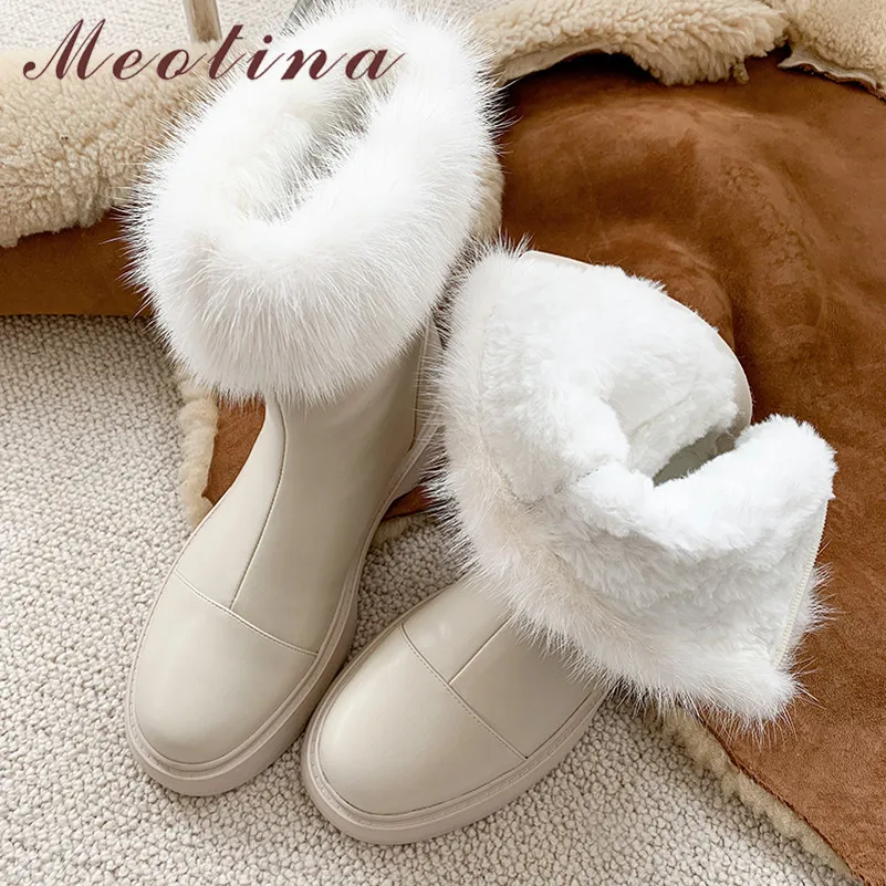 

Meotina Genuine Leather Snow Boots Woman Platform Med Heel Ankle Boots Thick Heel Shoes Zip Ladies Short Boots Winter Beige 43