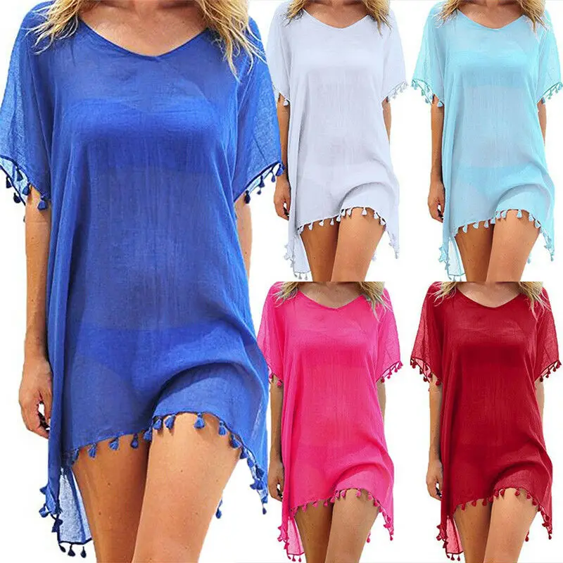 2019 New Chiffon Tassels Beach Wear Women Swimsuit Cover Up Swimwear Bathing Suits Summer Mini Dress Loose Solid Pareo Ups | Женская