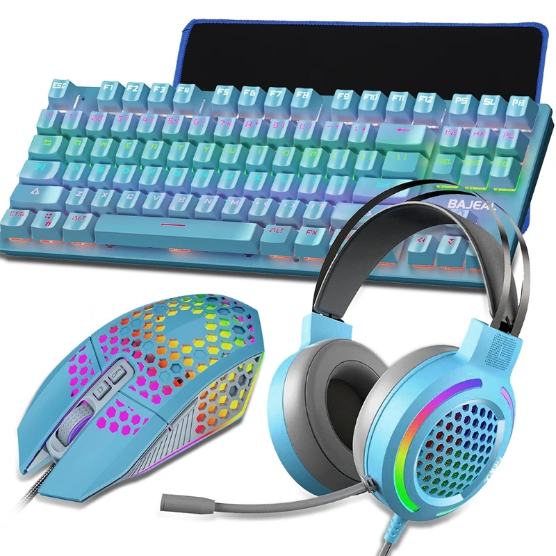 

Gaming Keyboard Mouse Headset & Mouse Pad Kit Rainbow LED Backlit Wired Over Ear Headphone with Mic PC Computer X box