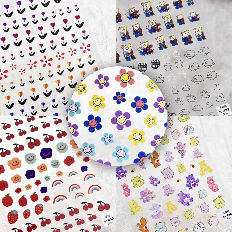 

2021 Japanese 5D Engraved Nail Sticker Colourful Smiley Sunflower Flower Lovely Cute Bear Self Adhesive Nail Stickers Decoration