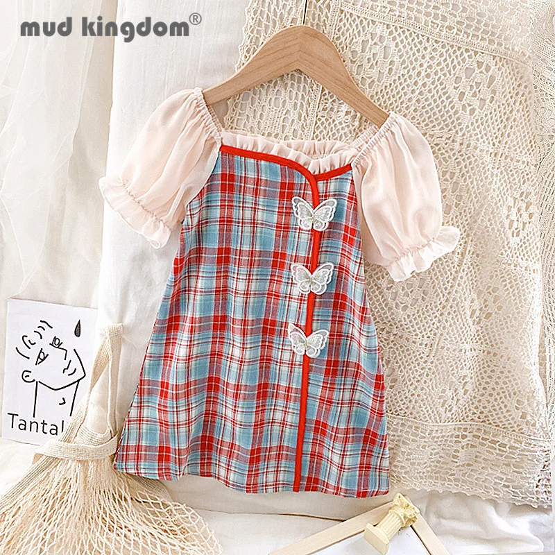 

Mudkingdom Letter Girls Princess Dress Cheongsam Butterfly Chinese Style Plaid Puff Sleeve Dresses for Kids Cute Clothing