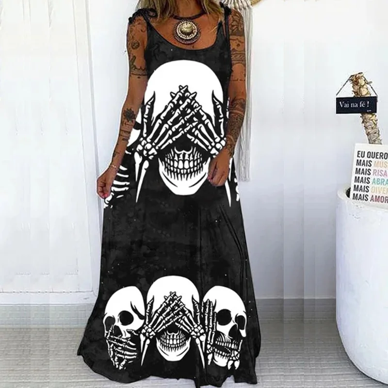 

2021 Women O-Neck Women New Loose Party Dress Casual Punk Loose Sleeveless Skull Print Female Dress Sling Tie-Up Dress Vestido